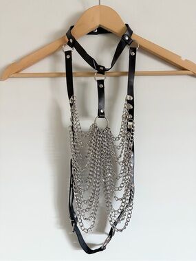 Yandy Chain Mail Black Faux Leather Harness Top Goth Silver Chains ONE SIZE